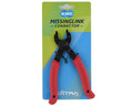 KMC MissingLink chain connector pliers with black steel jaws and ergonomic red rubber handles on branded retail packaging.