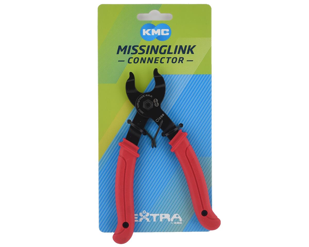 KMC MissingLink chain connector pliers with black steel jaws and ergonomic red rubber handles on branded retail packaging.