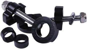 Pair of black DMR chain tugs for 14mm dropouts with silver threaded bolts, lock nuts, and 10mm axle spacer adapters.