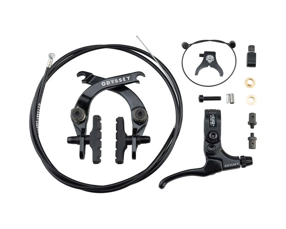 Black Odyssey Evo 2.5 BMX brake kit with aluminum calipers, Monolever, cable, and mounting hardware on a white background.