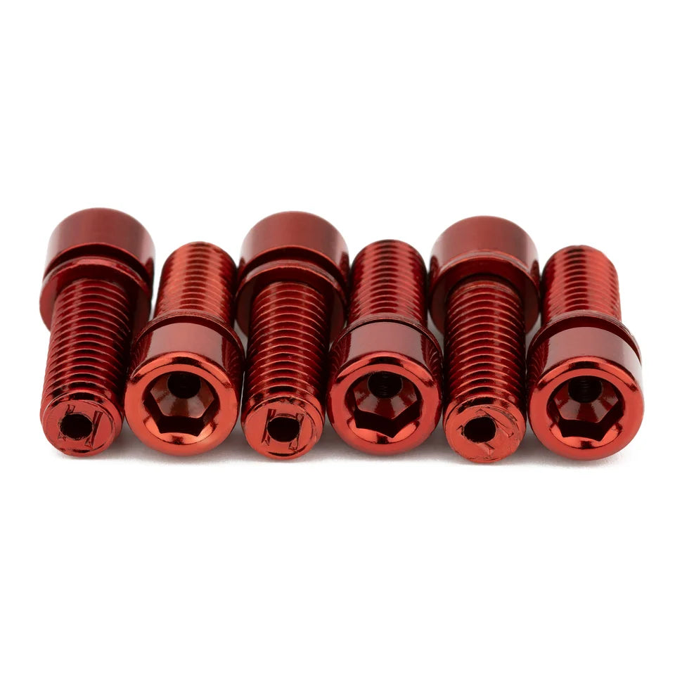 Six red hollow BMX stem bolts with 6mm hex heads and M8 threads arranged in a row on a white background.