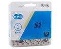 KMC S1 silver single speed BMX chain in clear retail packaging with 112 links and inner plate chamfering.