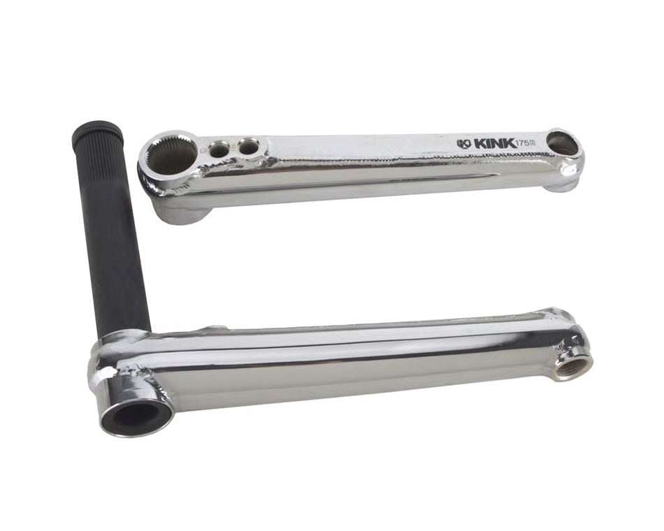 Chrome Kink Pillar BMX cranks with 175mm arms, hollow 22mm spindle, and forged backplate design on a white background.