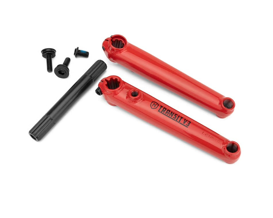 Red Mission Transit V3 3-piece chromoly BMX cranks with 19mm spindle and mounting hardware.