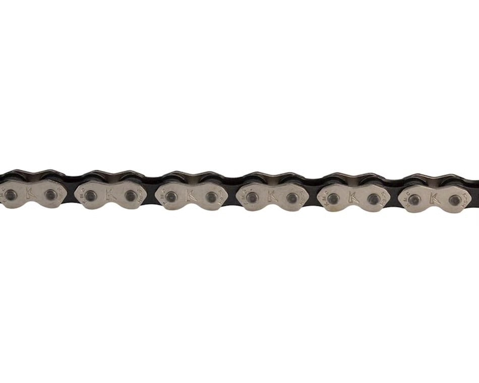 KMC K1 single speed bicycle chain with silver nickel-plated outer plates and black inner plates.