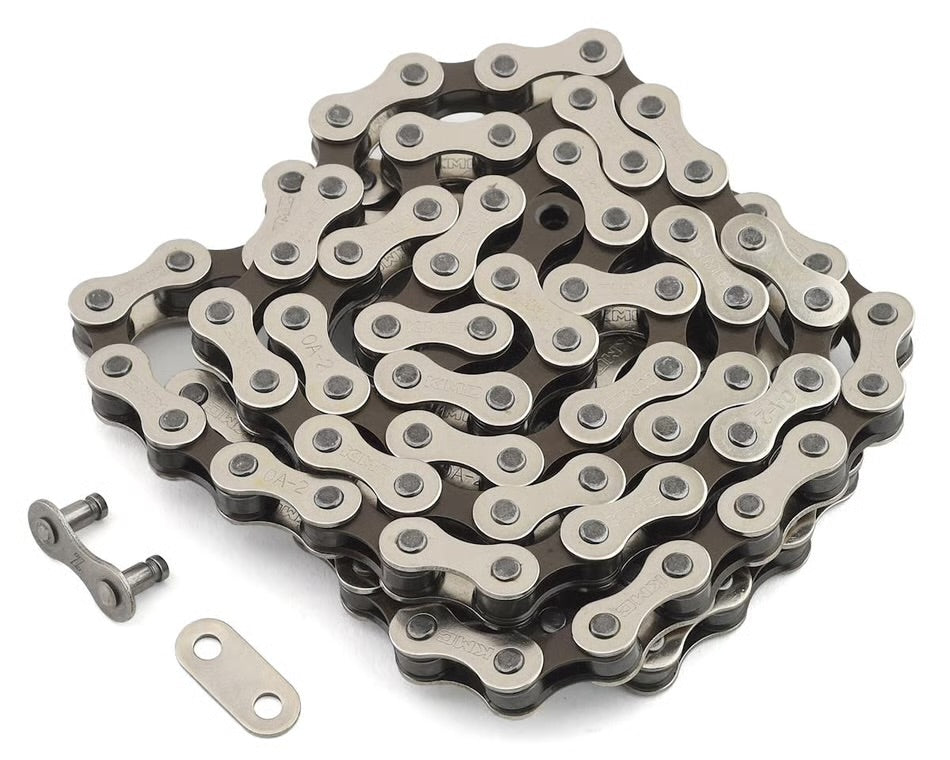 KMC S1 single-speed BMX chain in silver and brown with 112 links and a reusable master link connector.