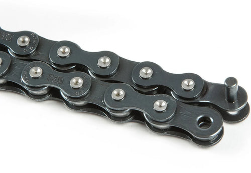 Black BSD Forever BMX chain with rustproof coating, stamped logos, and mushroomed pins on a white background.