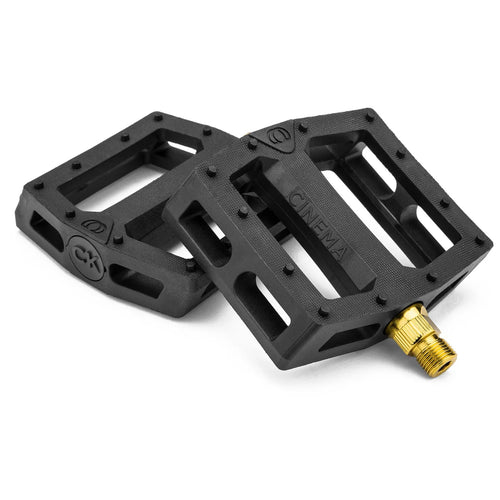 Black nylon fiberglass Cinema CK pedals with concave design, molded pins, and gold chromoly spindles.