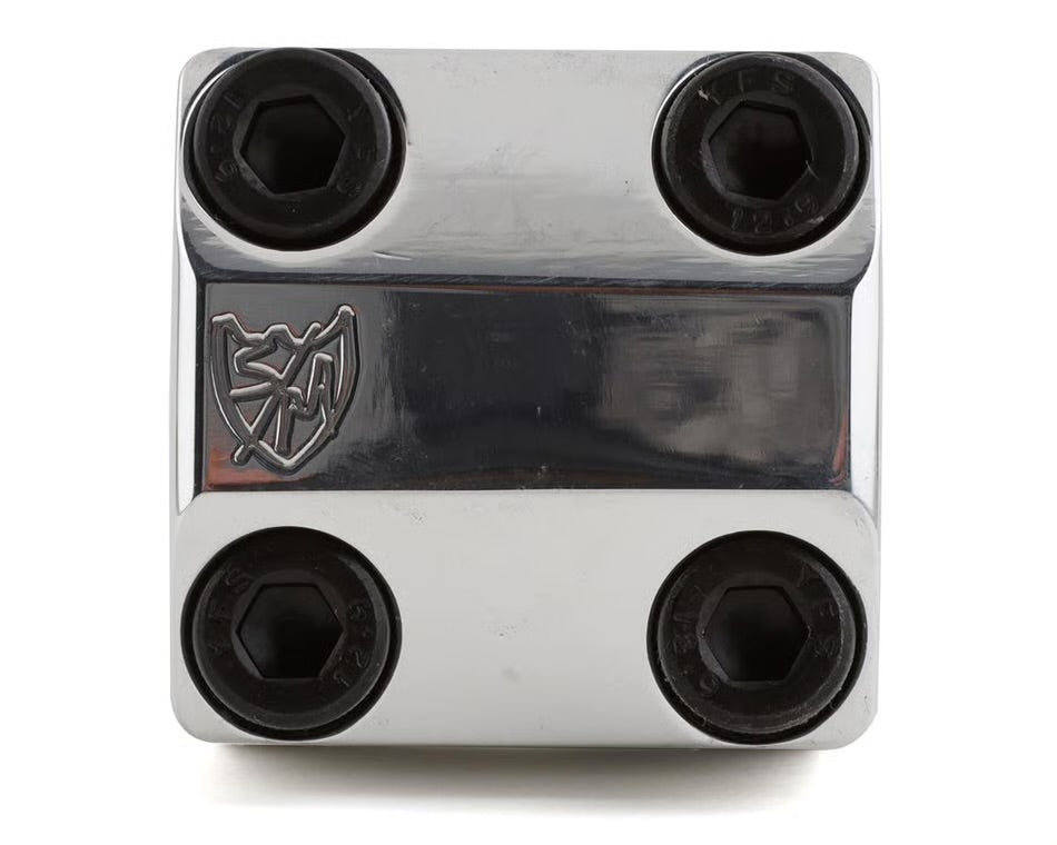 Polished 50mm S&M Shredneck frontload BMX stem with four black bolts and an engraved S&M logo on the faceplate.