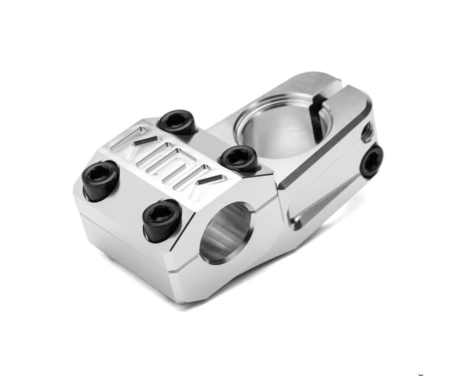 Silver Kink Gavel 48mm BMX topload stem made of CNC machined 6061-T6 aluminum with black hardware and engraved logo.