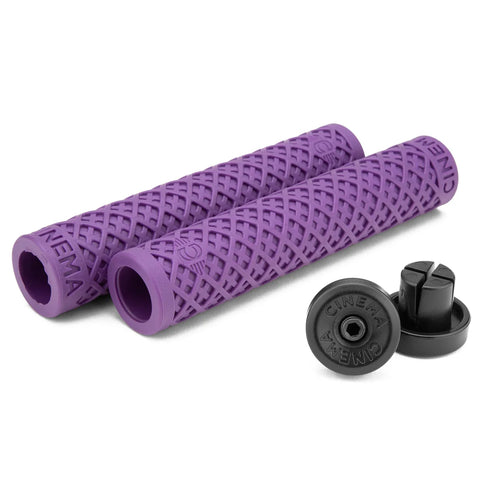 Purple Cinema Interlace BMX grips with a waffle-helix pattern and black expanding wedge barends.