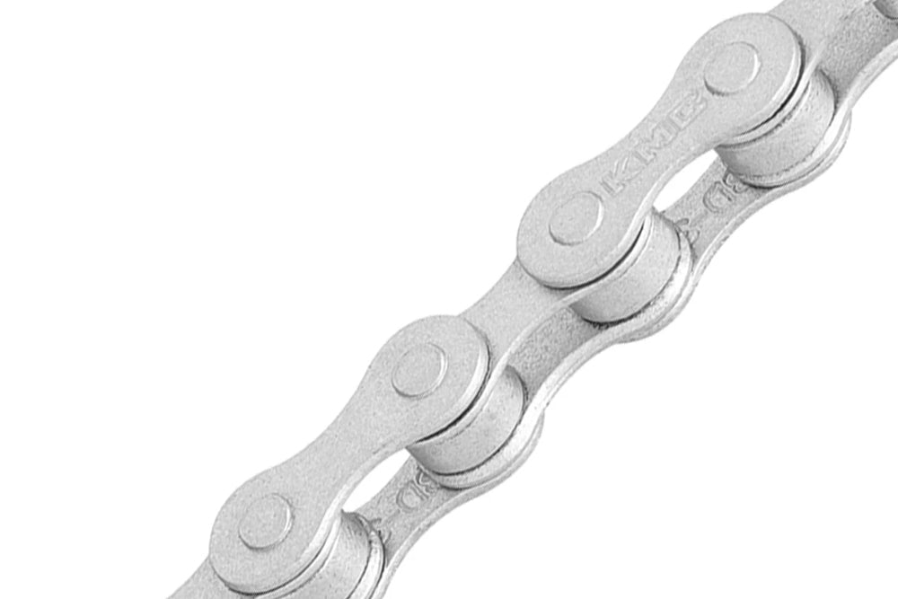 Silver KMC S1 Rustbuster single-speed bicycle chain with durable corrosion-resistant finish and embossed links.