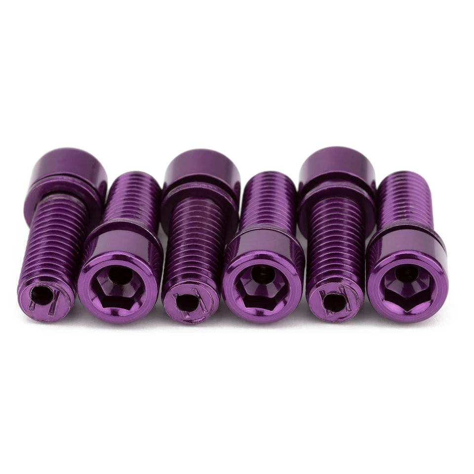 Six purple hollow BMX stem bolts with M8x1.25mm threading and 6mm hex heads arranged in a row.