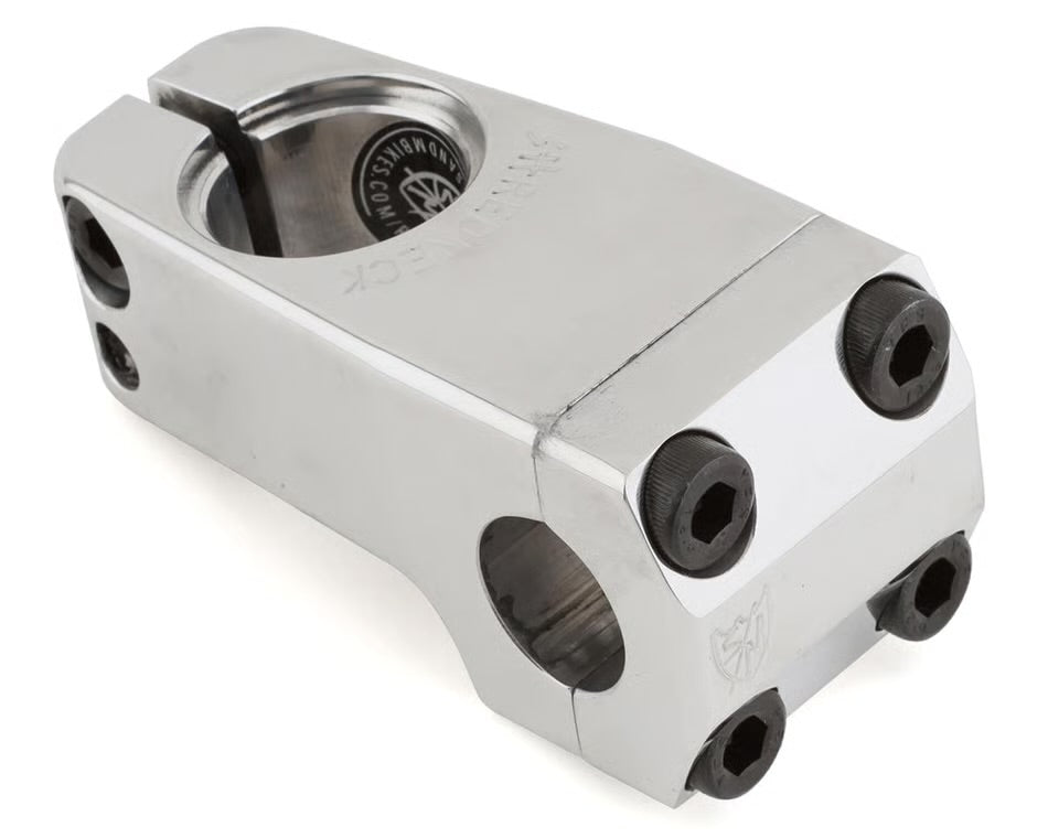 Polished 50mm S&M Shredneck frontload BMX stem CNC machined from 6061 aluminum with engraved logos.
