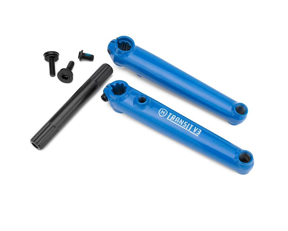 Blue Mission Transit V3 3-piece chromoly BMX cranks with a 19mm 8-spline spindle and black hardware on a white background.
