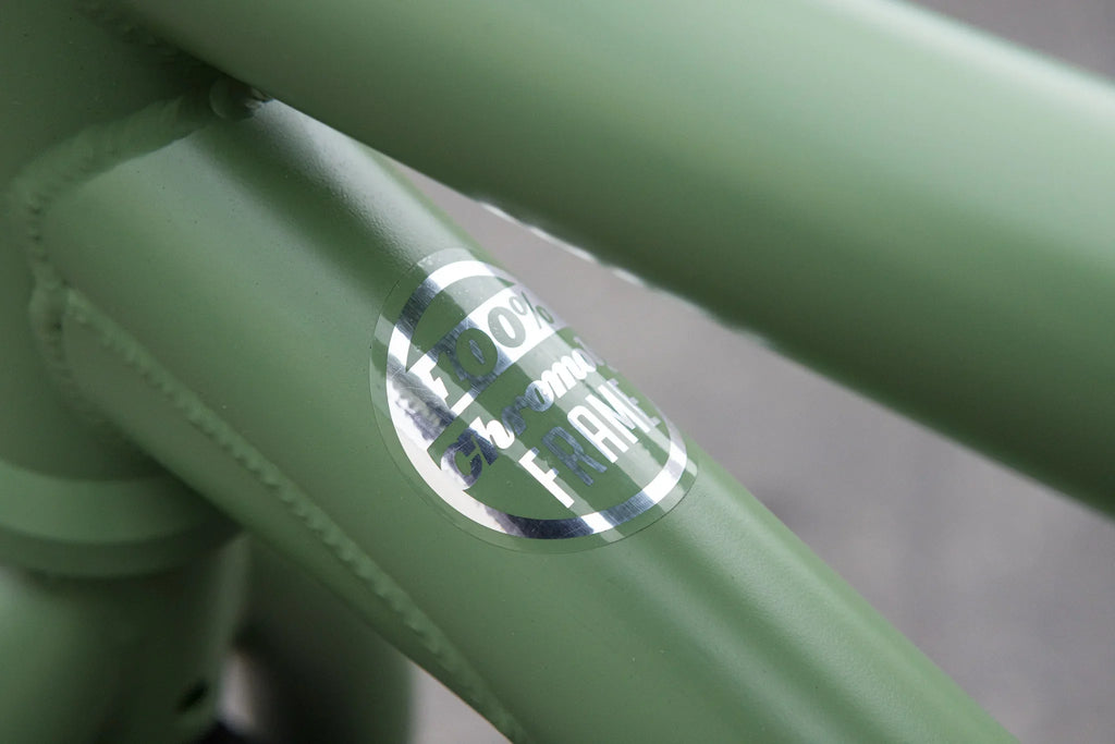 Matte sage green Sunday Forecaster BMX frame with a silver 100% chromoly decal.