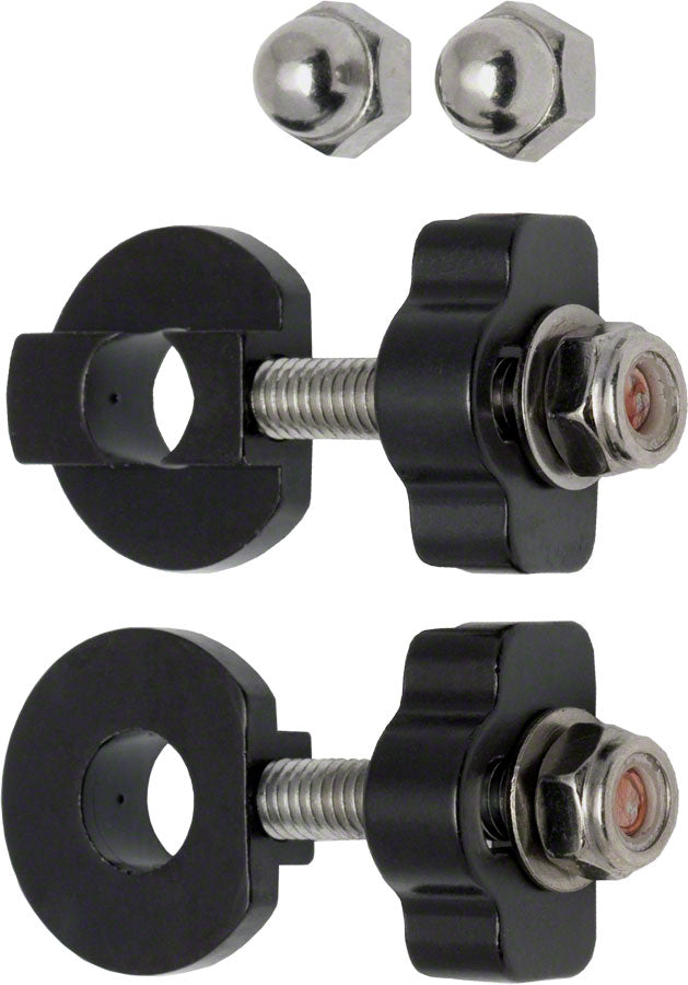 Pair of black DMR chain tugs for 14mm dropouts with silver hardware and 10mm axle adaptors.