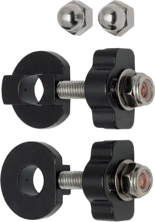 Pair of black DMR chain tugs for 14mm dropouts with silver hardware and 10mm axle adaptors.