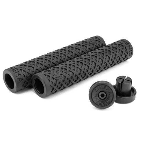 Black Cinema Interlace BMX grips with a waffle-helix pattern and expanding plastic barends.