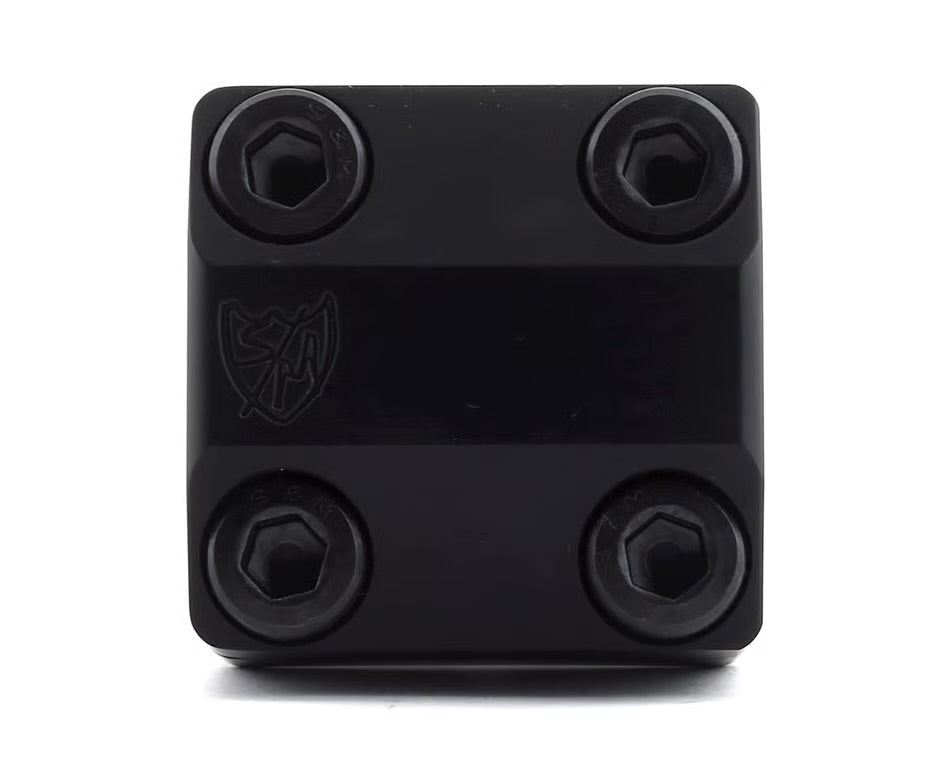 Black S&M Shredneck 50mm frontload BMX stem CNC machined from aluminum with engraved logo and four-bolt faceplate.