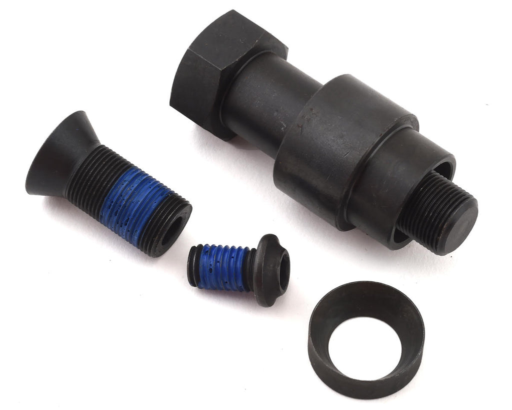 Matte black BSD Substance XL V2 crank hardware, including bolts with blue thread locker and a spacer on white background.