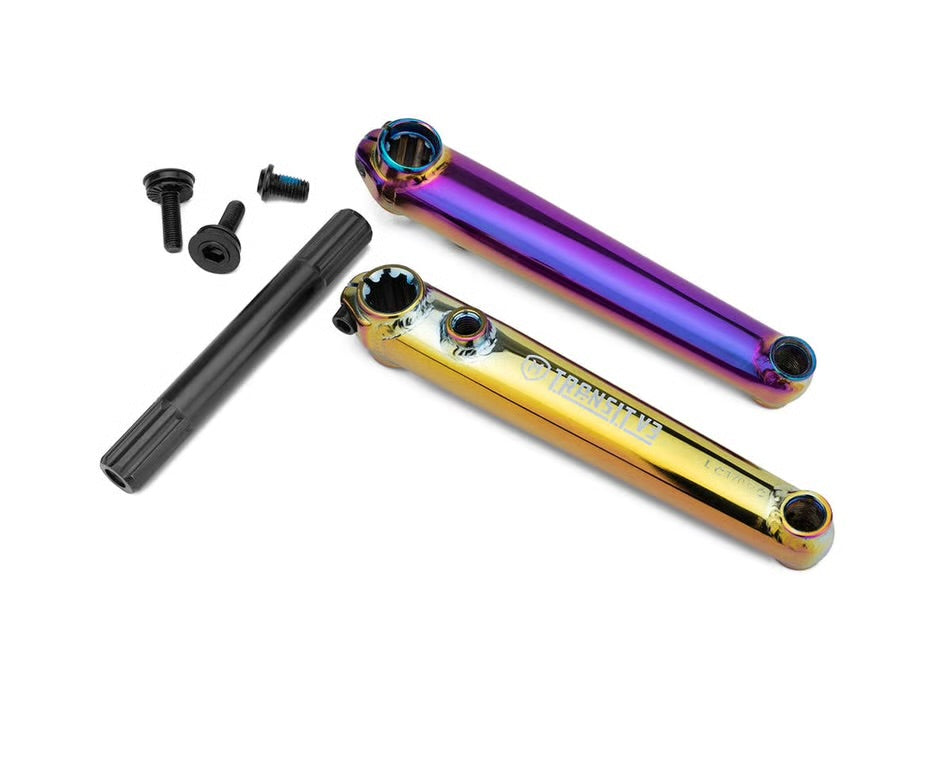 Mission Transit V3 3-piece chromoly BMX cranks in oil slick finish with a 19mm 8-spline spindle and mounting hardware.