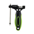 KMC chain tool with a black metal body, silver pin, and ergonomic black and lime green rubberized handle.