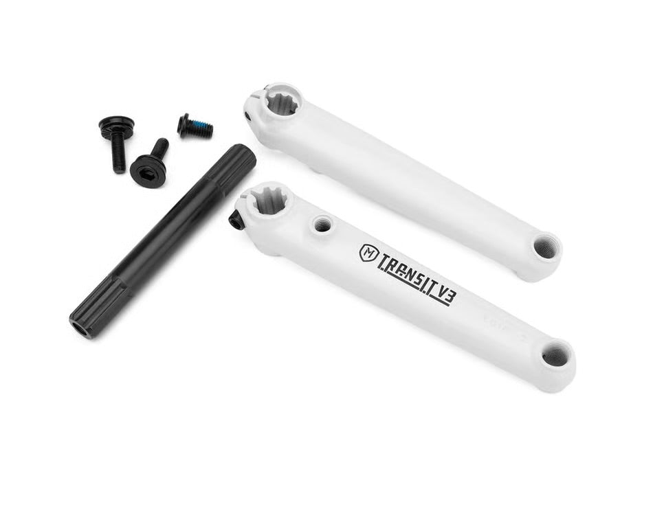 White Mission Transit V3 3-piece chromoly BMX cranks with a 19mm spindle and black hardware on a white background.