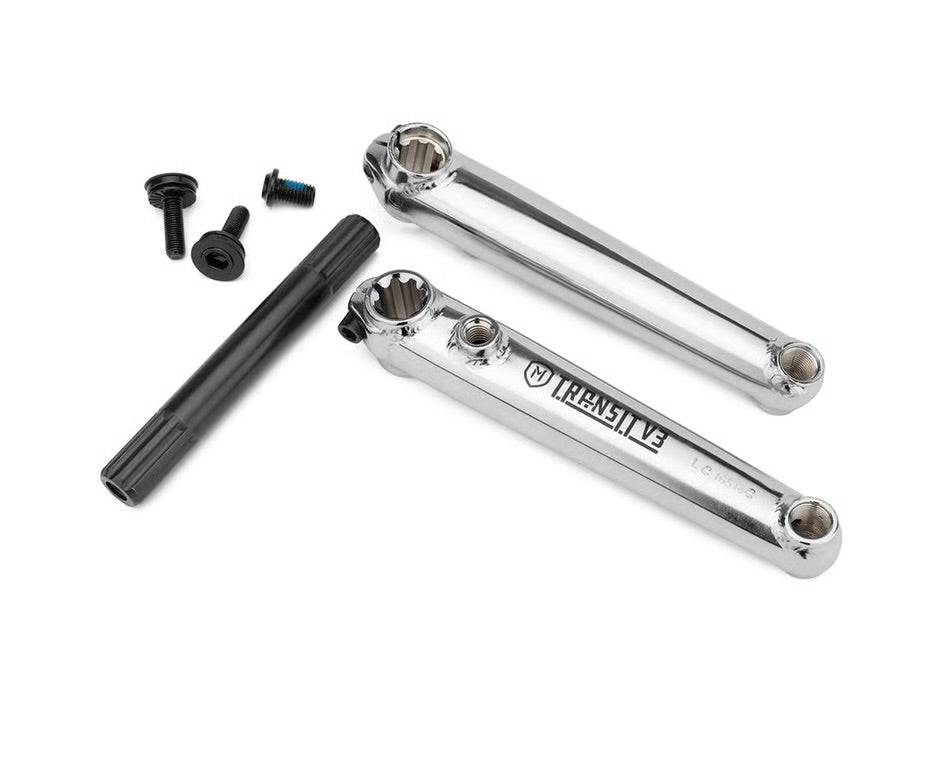 Chrome Mission Transit V3 3-piece chromoly BMX cranks with 19mm spindle and mounting hardware.