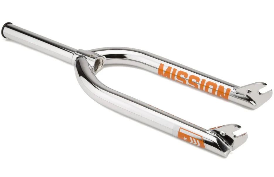 Chrome Mission Battalion V2 BMX fork with tapered chromoly steel legs, 26mm offset, and orange branding decals.