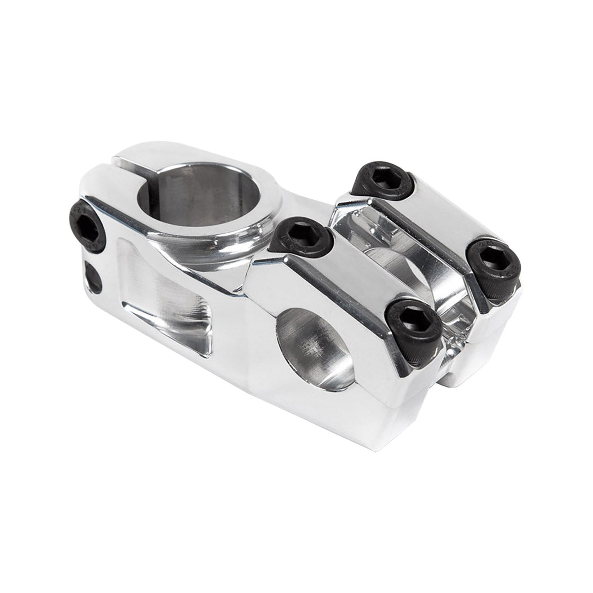 Polished silver S&M Race XLT BMX stem with a machined body, two-piece cap, and black Grade 8 Allen bolt hardware.