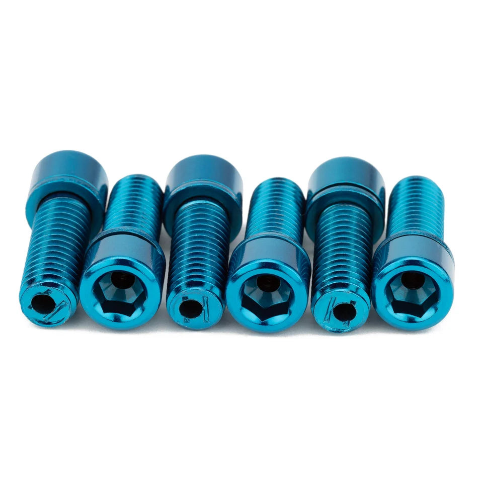 Six blue anodized hollow BMX stem bolts with M8 threads and 6mm hex heads arranged in a row.