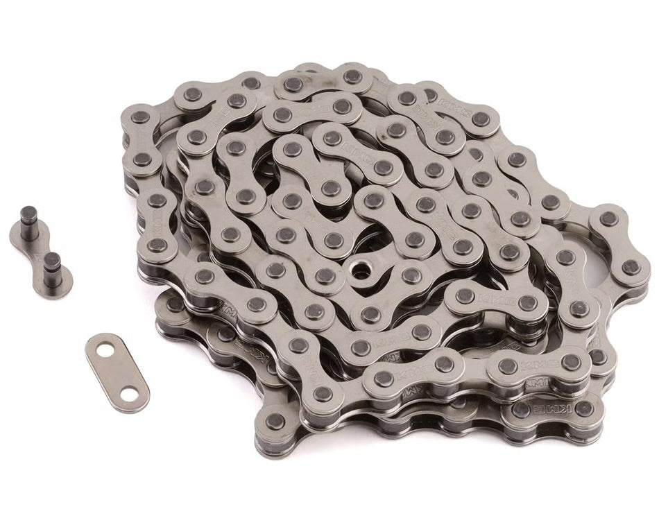 Silver KMC S1 single speed BMX chain with 112 links and a separate connector link on a white background.