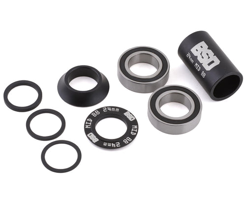 BSD 24mm Mid bottom bracket kit in black, featuring two bearings, spacers, and a branded sleeve for BMX cranks.