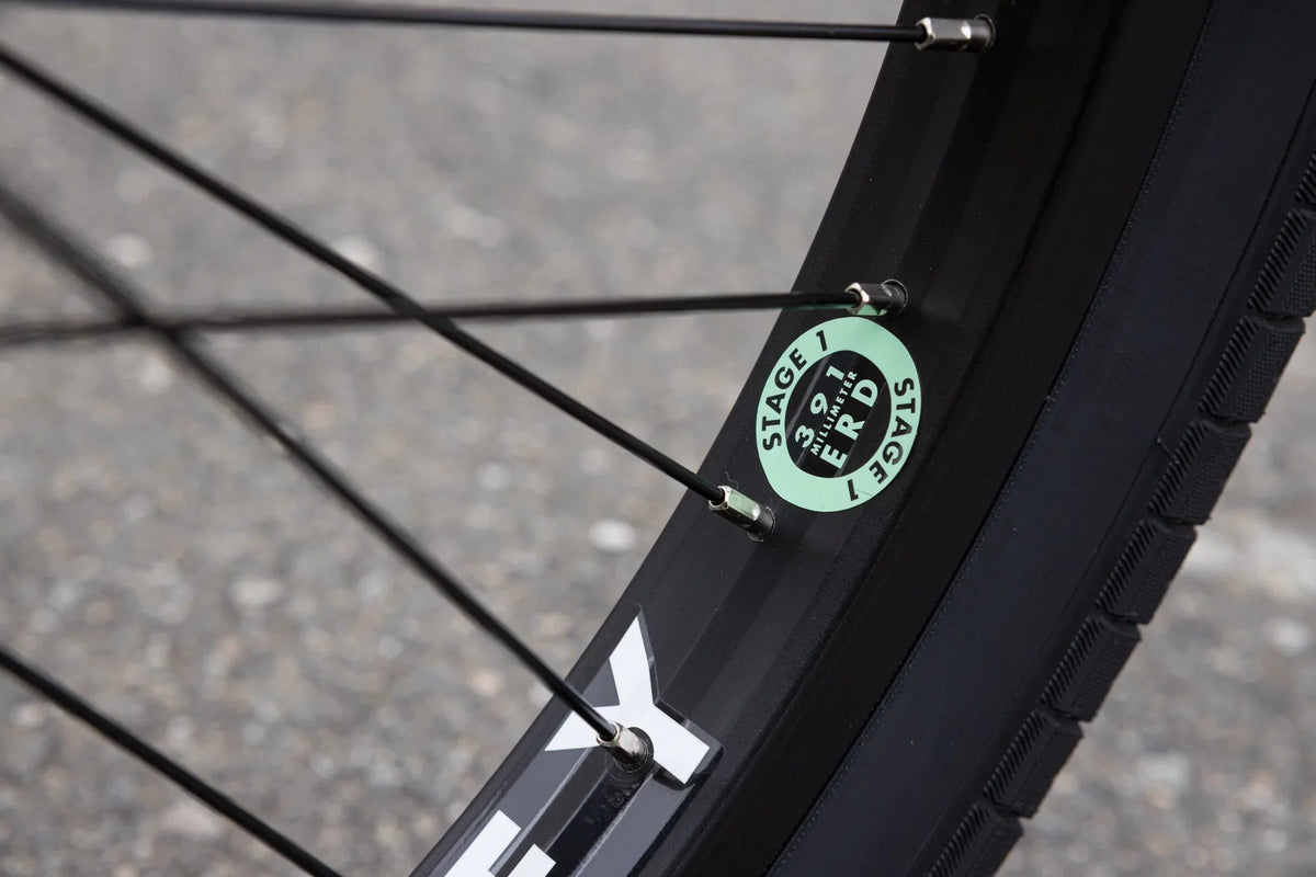 Black Odyssey Stage 1 rim on a Sunday Forecaster BMX bike with a green ERD sticker and black spokes.