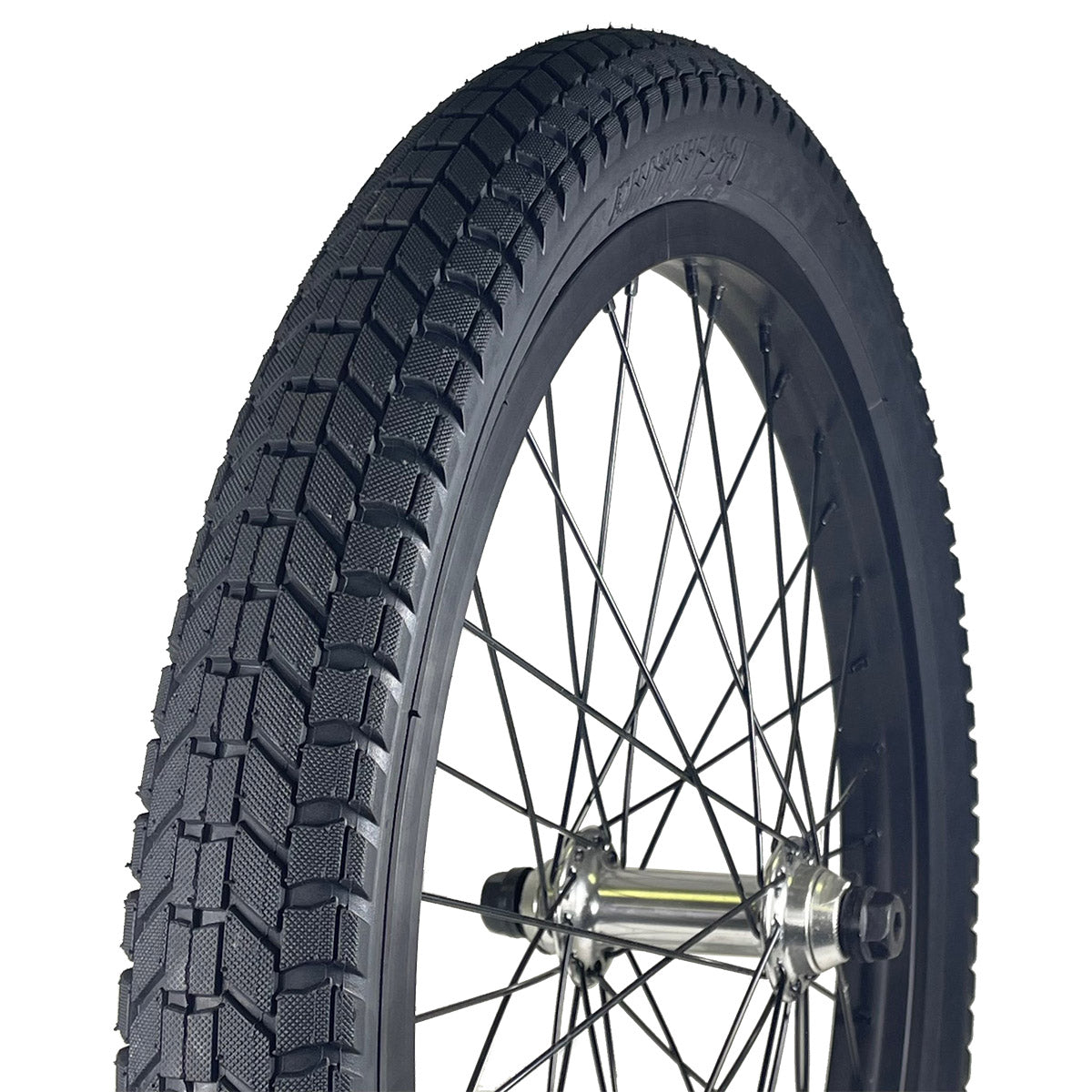 S&M Mainline 20-inch BMX tire featuring a directional tread pattern with micro-knurled surface on a black rim.