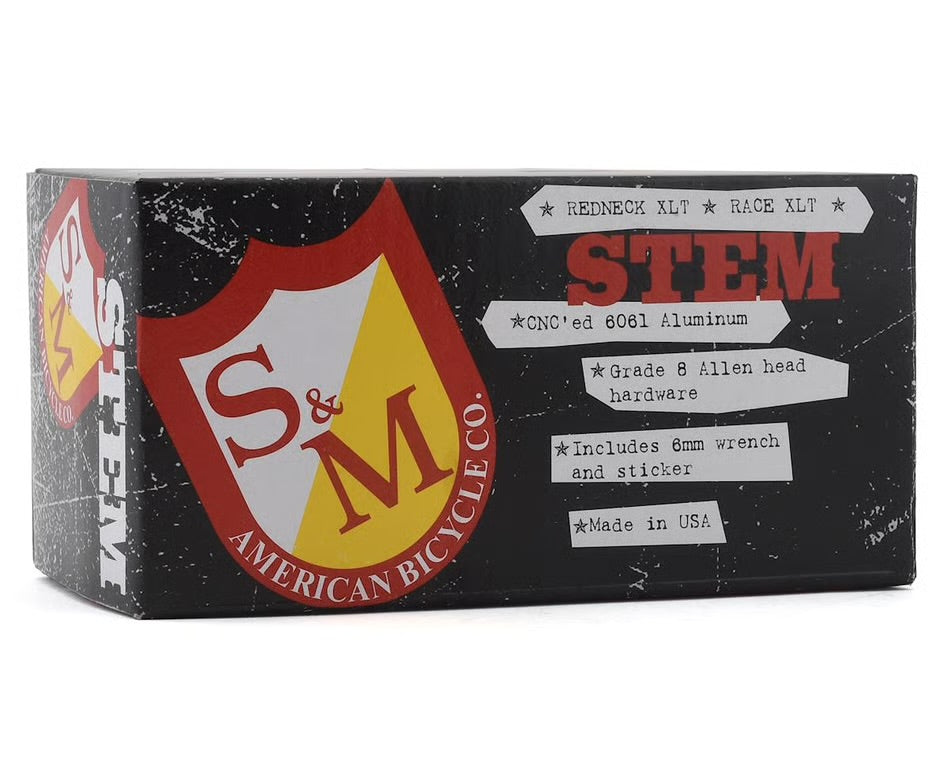 Black S&M Shredneck stem box featuring the S&M American Bicycle Co. logo and CNC-machined 6061 aluminum product details.