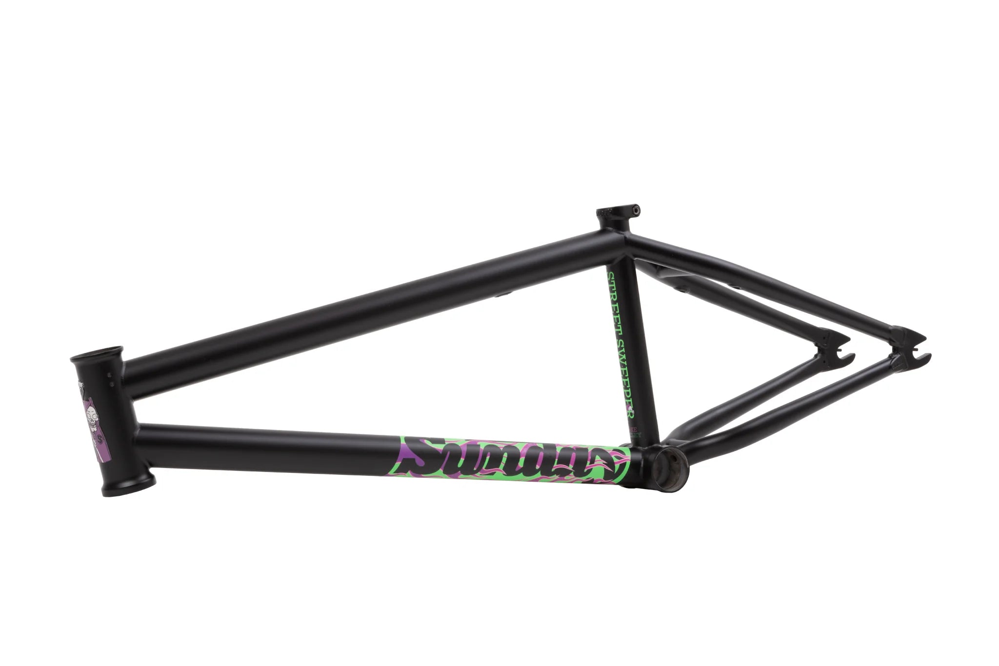 SUNDAY STREET SWEEPER FRAME 20.75” TT
Matte Black w/Purple and Green Flames
