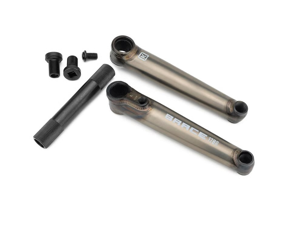 Kink Brace 3-piece chromoly BMX cranks in raw finish with 22mm hollow spindle and mounting hardware.