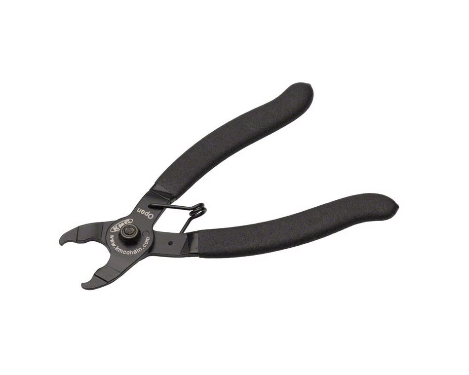 Black KMC Missing Link pliers with ergonomic rubberized handles and a spring-loaded design for opening bike chain links.