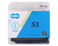 KMC S1 single-speed BMX chain in black, packaged in a clear plastic box with blue and white branding.