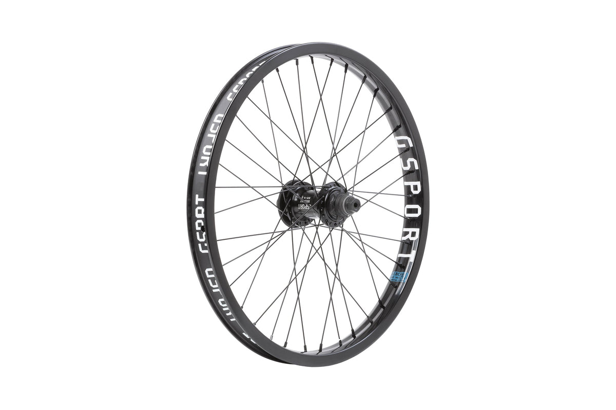GSPORT Elite black BMX wheel with matching spokes, hub, and white branded rim decals.