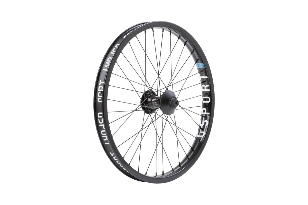 GSPORT Elite BMX wheel with black rim, black spokes, and cassette hub featuring white GSPORT branding on a white background.