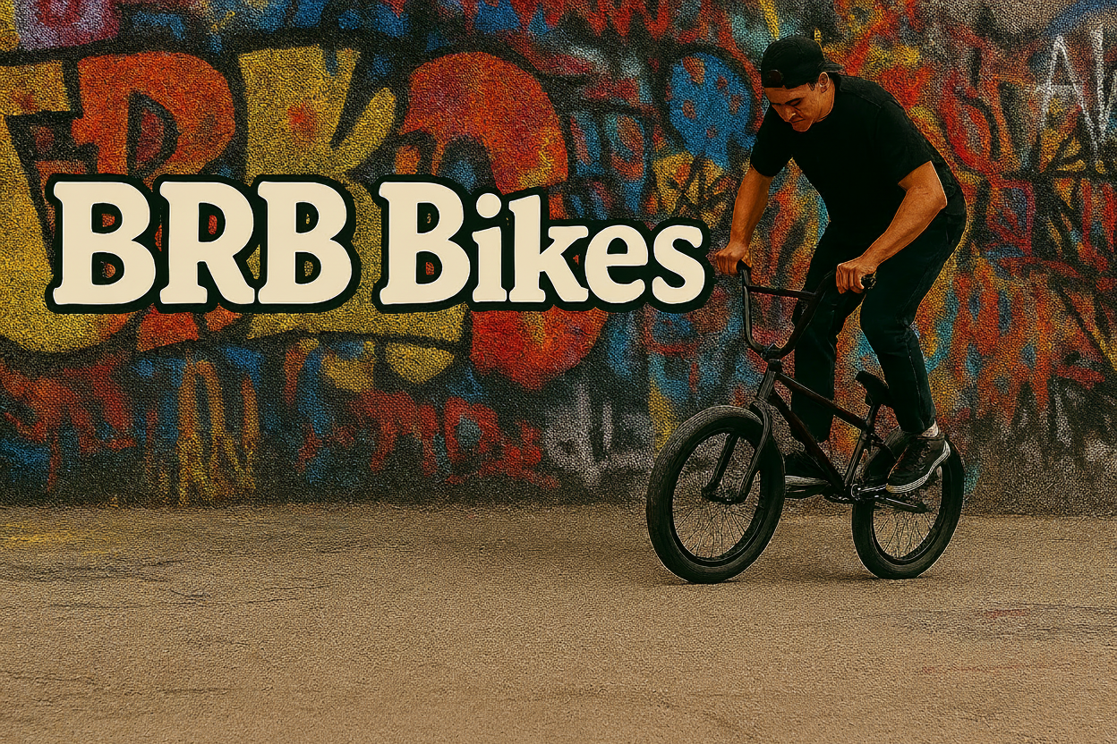 Person on a bike with BRB Bikes advertisement against a graffiti-covered wall.
