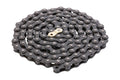 Black Odyssey Bluebird BMX bike chain coiled in a circle with a gold-colored factory-installed half-link.