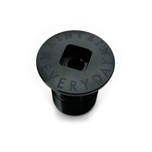 Black Cult fork cap for newer forks with wide threads, 6mm ratchet adjustment, and etched MAINTAIN EVERYDAY text.