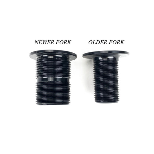 Black Cult fork caps comparing a newer model with wide threads to an older model with thinner threads.