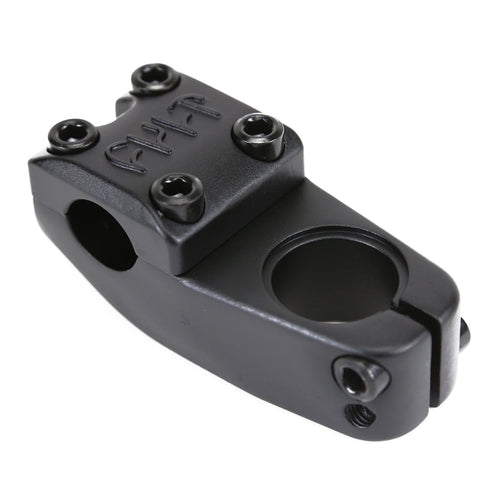Matte black Cult Forged Salvation BMX stem with solid bolts and a recessed compression bolt design.