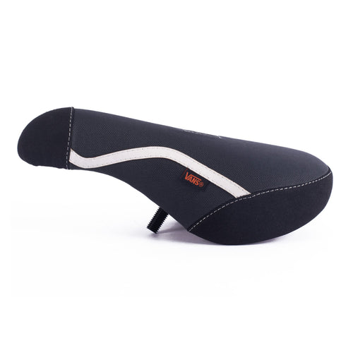 Black Cult x Vans pivotal BMX seat featuring a white side stripe, textured fabric, and an orange Vans logo tag.
